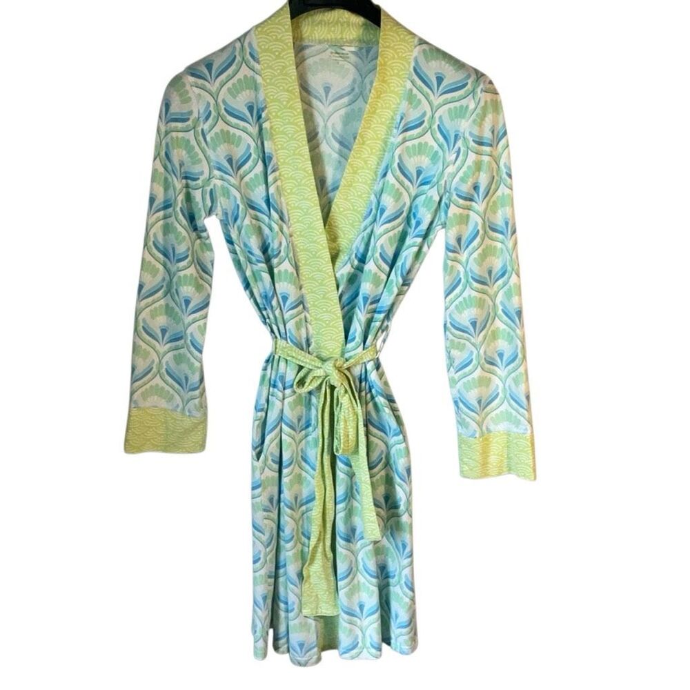 Garnet Hill Organic Cotton Robe, XS. Teal and lime. Lounging!